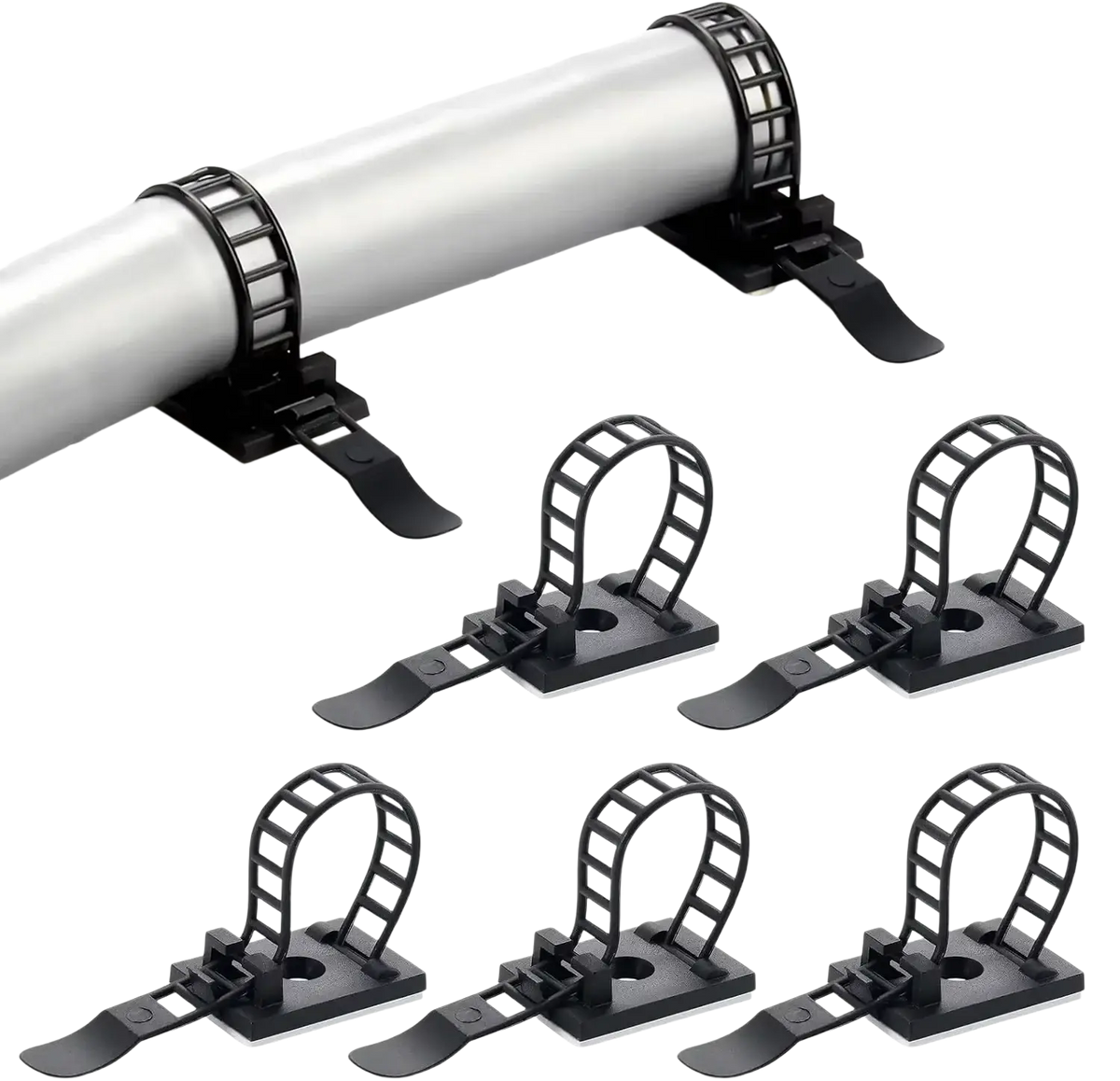 Black plastic cable tie mount adjustable clips with ladder design and flat base for secure self adhesive fastening