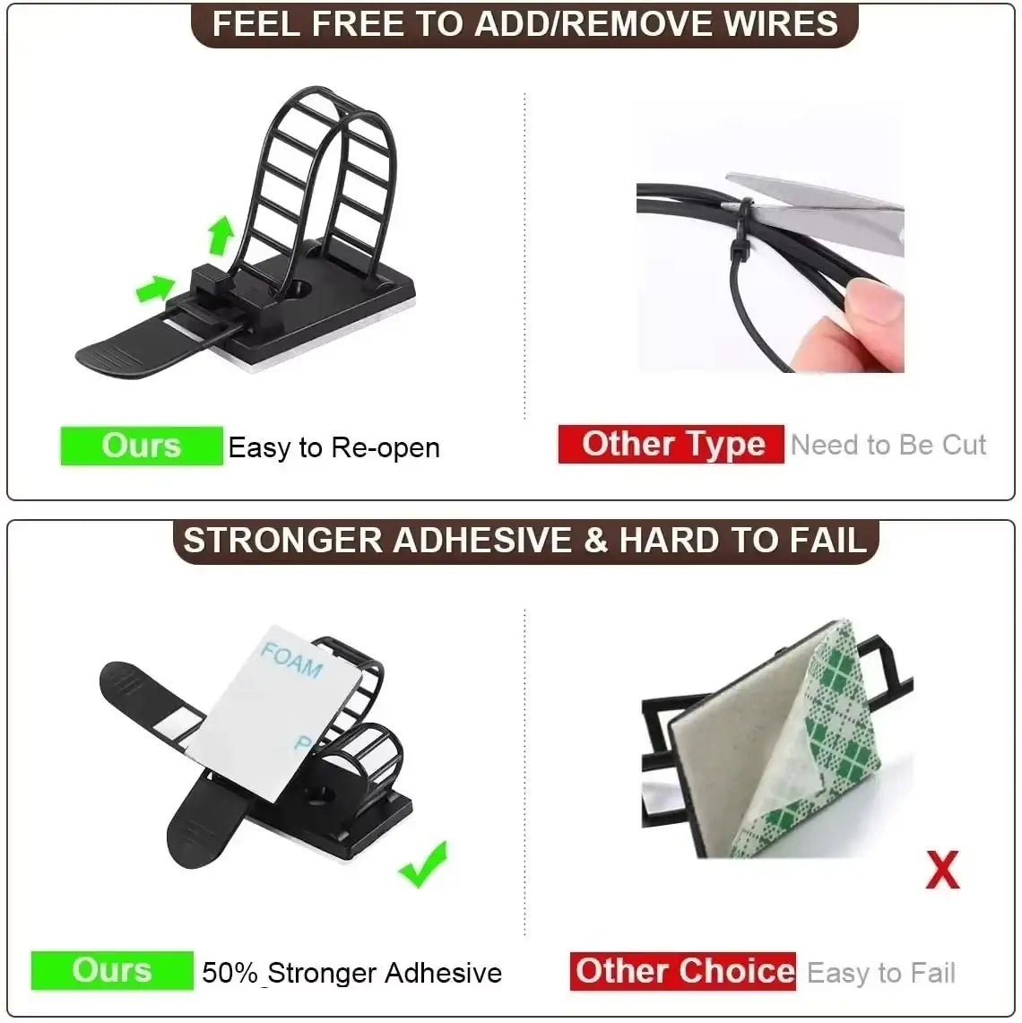 Black plastic cable tie mount adjustable clip with adhesive backing and re-openable design for wire organization