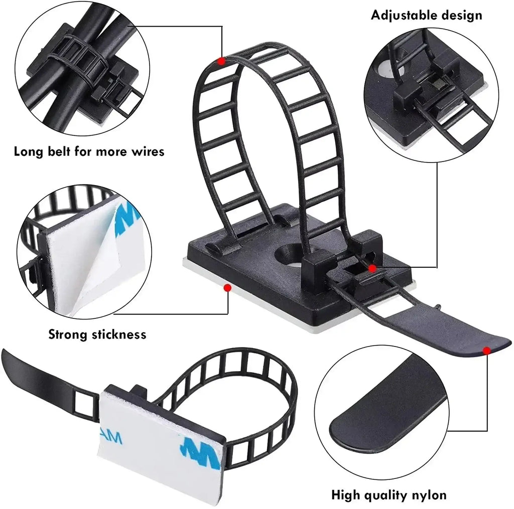 Black adjustable nylon cable tie mount with self-adhesive backing for strong secure hold and tie mount adjustable clips use