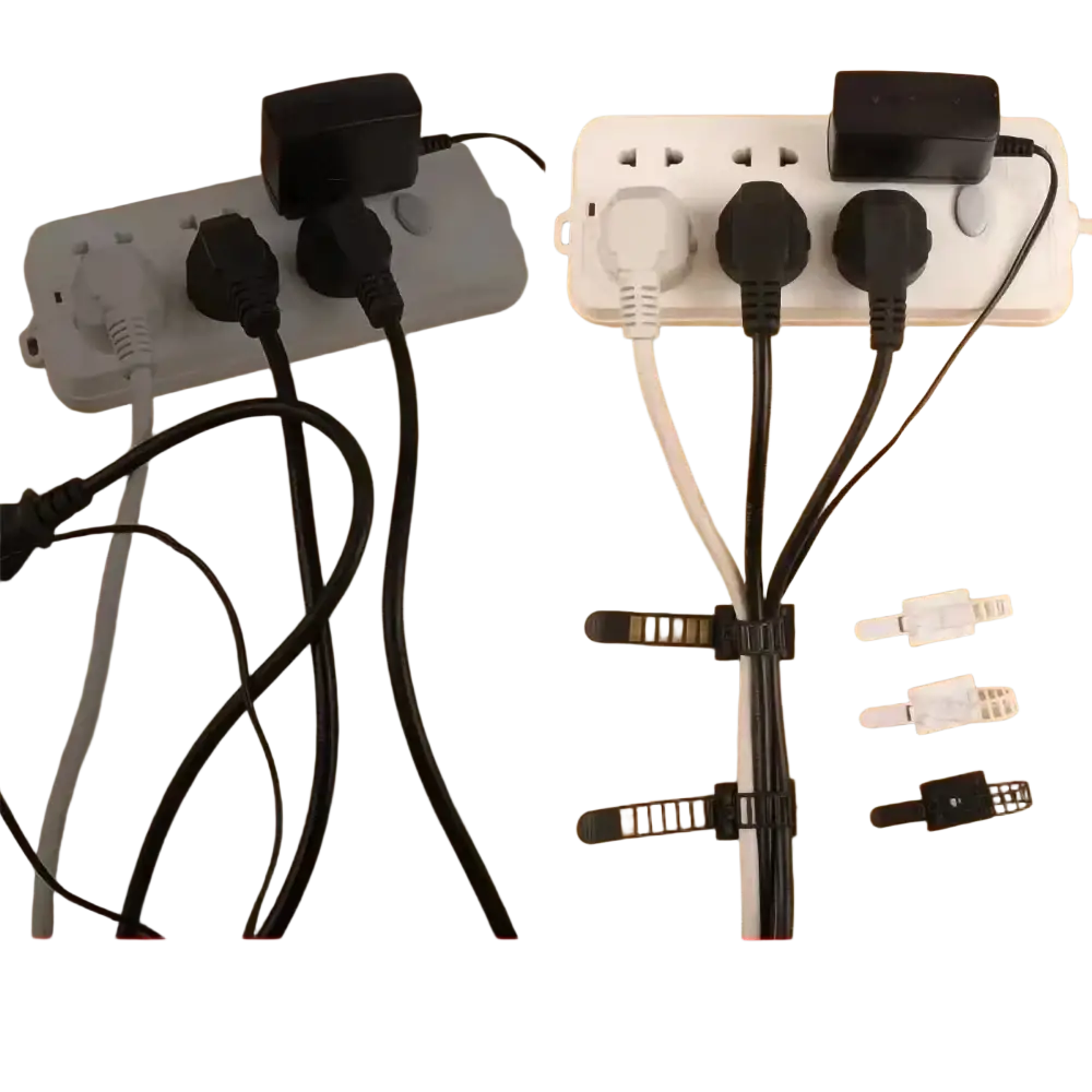 White plastic power strip with multiple outlets and black plugs featuring black cable tie mount adjustable clips for organizing wires