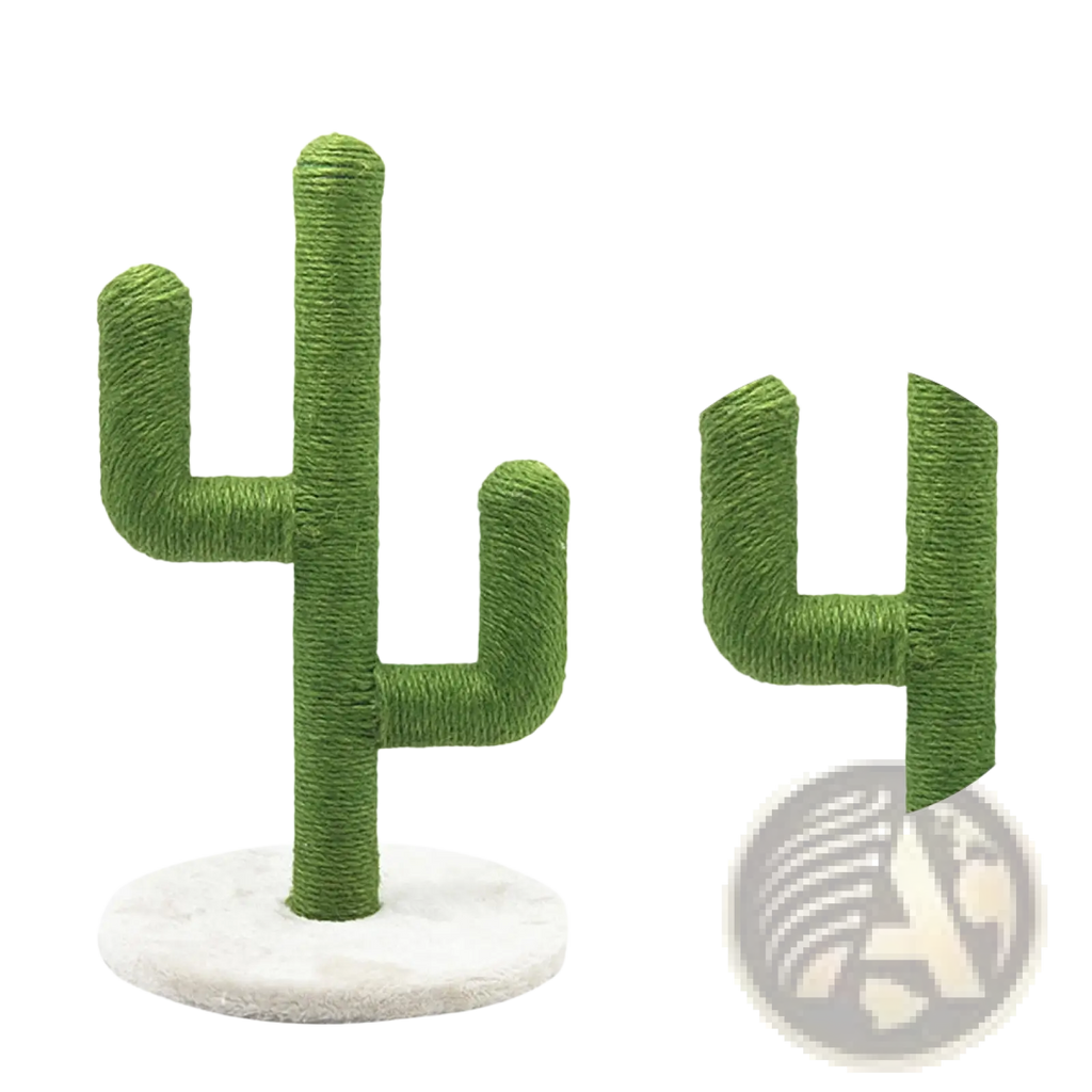 Green cactus-shaped cat scratching post with sisal rope texture and white marble base for climbing and scratching