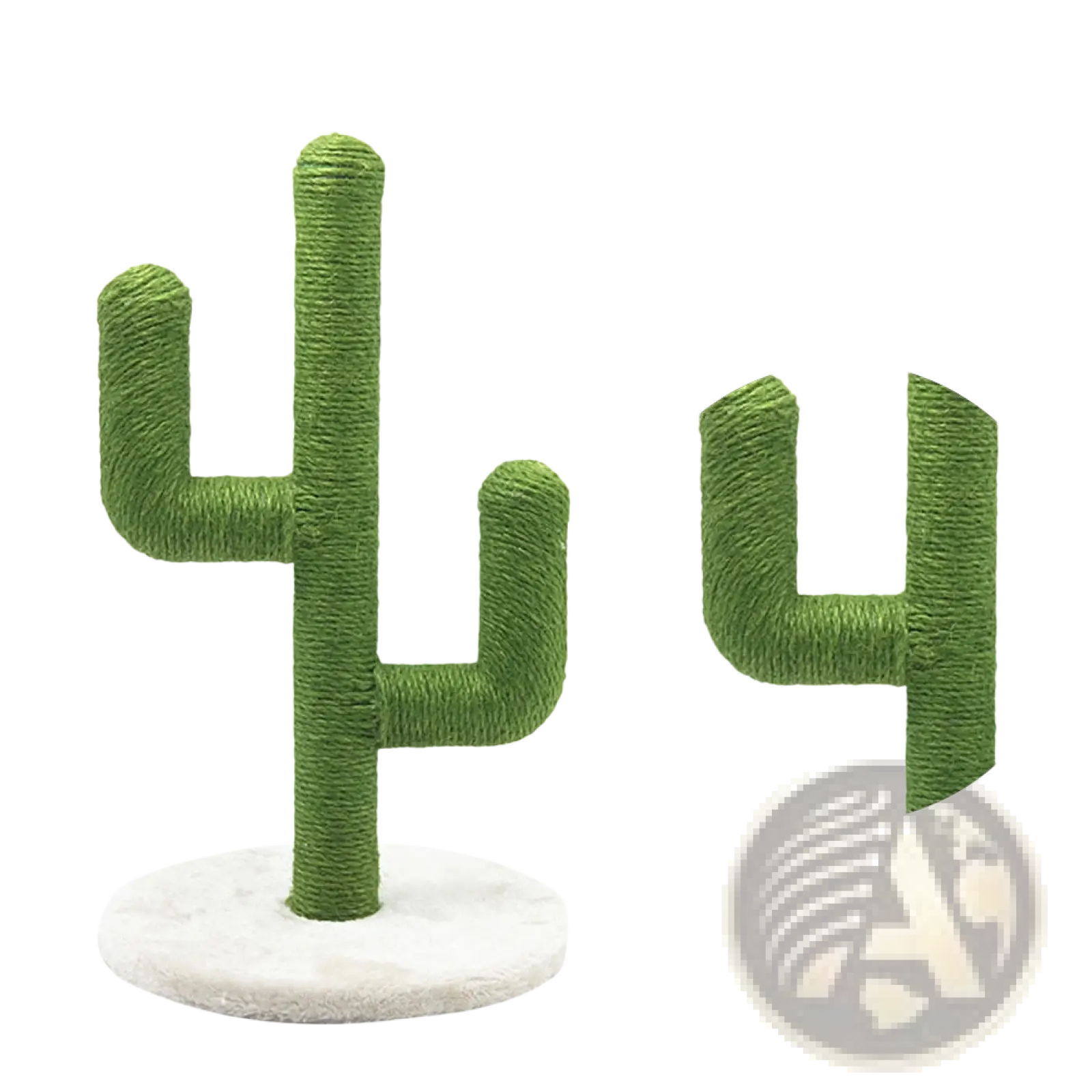 Green cactus-shaped cat scratching post with sisal rope texture and white marble base for climbing and scratching