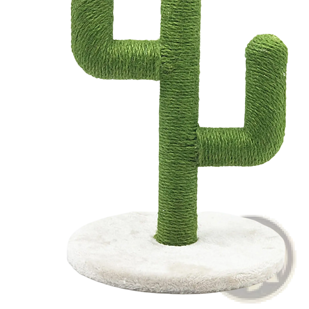 Green cactus-shaped cat scratching post with textured sisal rope surface and soft white circular base for climbing
