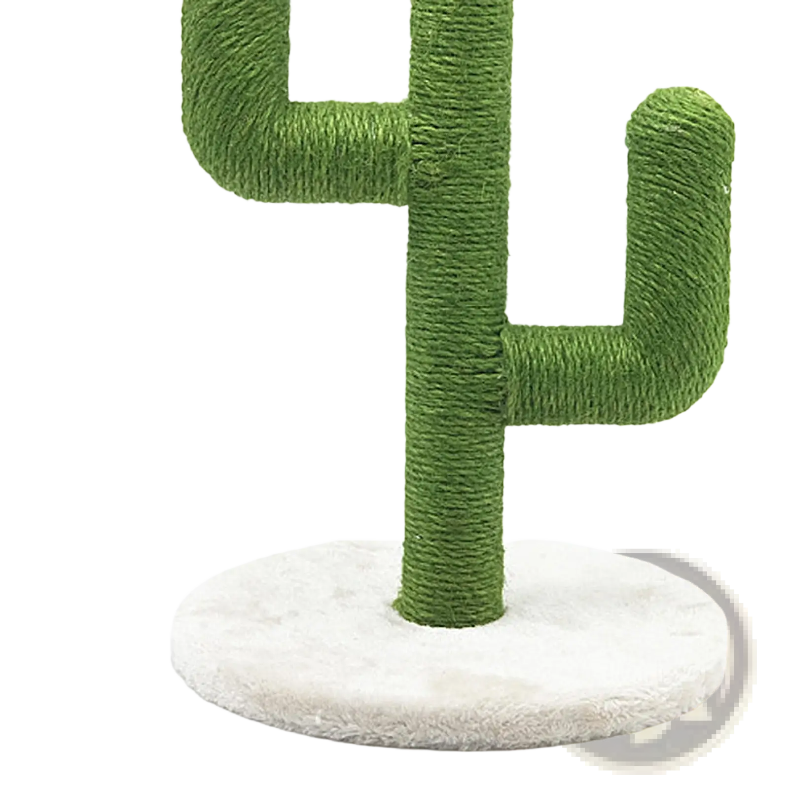 Green cactus-shaped cat scratching post with textured sisal rope surface and soft white circular base for climbing
