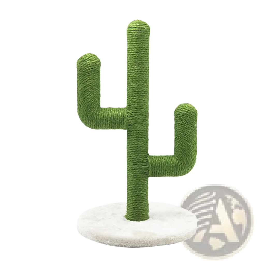 Green cactus-shaped cat scratching post with textured sisal rope surface and white circular base for climbing and scratching