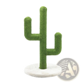 Green cactus-shaped cat scratching post with textured sisal rope surface and white circular base for climbing and scratching