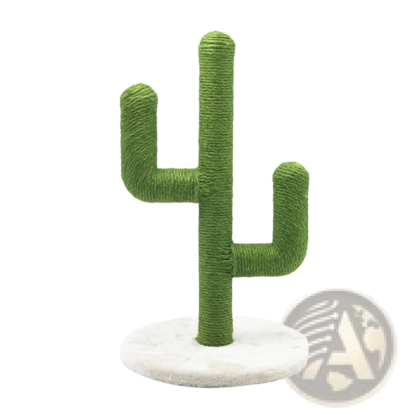 Green cactus-shaped cat scratching post with textured sisal rope surface and white circular base for climbing and scratching