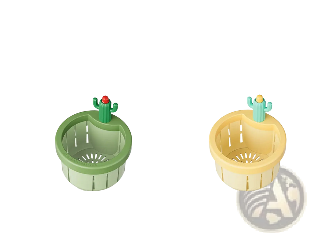 Green and yellow plastic cactus-themed kitchen utensil holders with perforated sides for sink drain strainer basket filter net