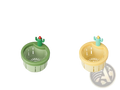 Green and yellow plastic cactus-themed kitchen utensil holders with perforated sides for sink drain strainer basket filter net