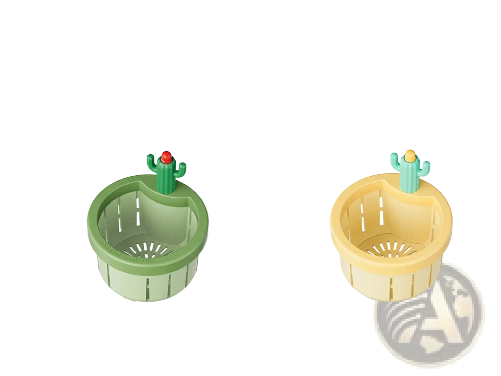 Green and yellow plastic cactus-themed kitchen utensil holders with perforated sides for sink drain strainer basket filter net