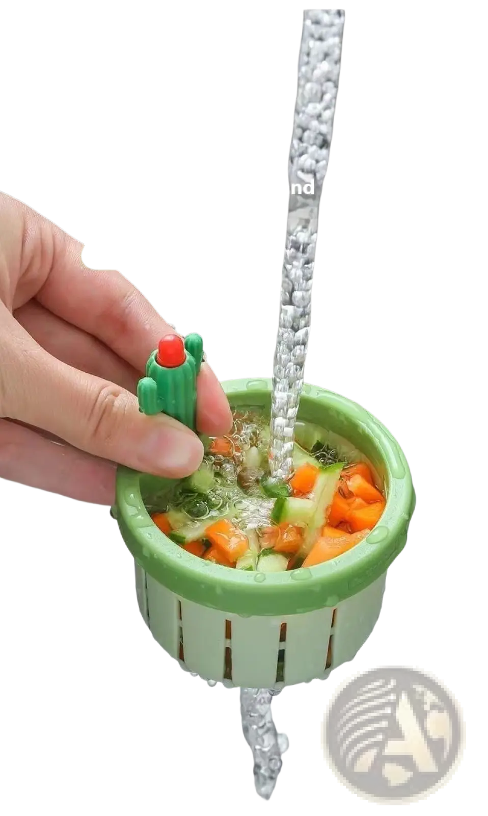 Green cactus-shaped kitchen sink drain strainer basket filter net with red top and perforated body for debris filtering