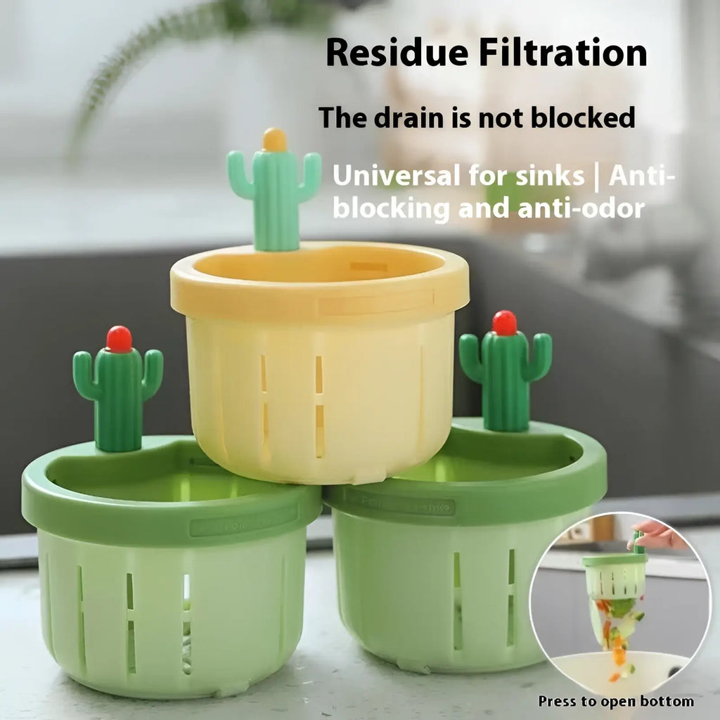 Cactus sink drain strainer basket filter net in yellow and green plastic with removable bottom for residue filtration