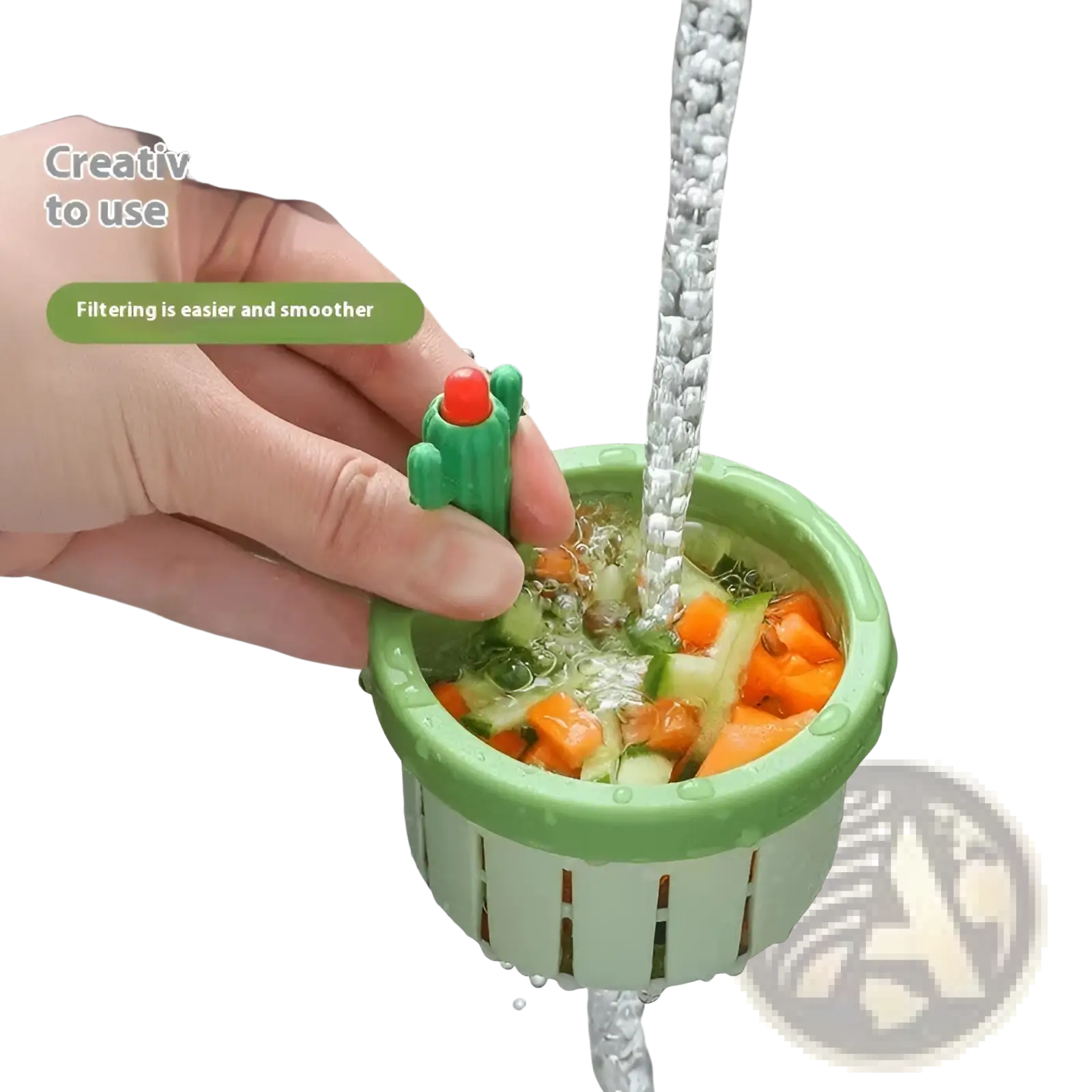 Green plastic cactus-shaped kitchen drain strainer with red top for filtering sink debris and water flow