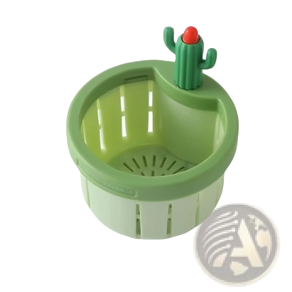 Green plastic cactus-themed mop bucket with red-topped cactus figurine rim for cactus sink drain strainer basket filter net