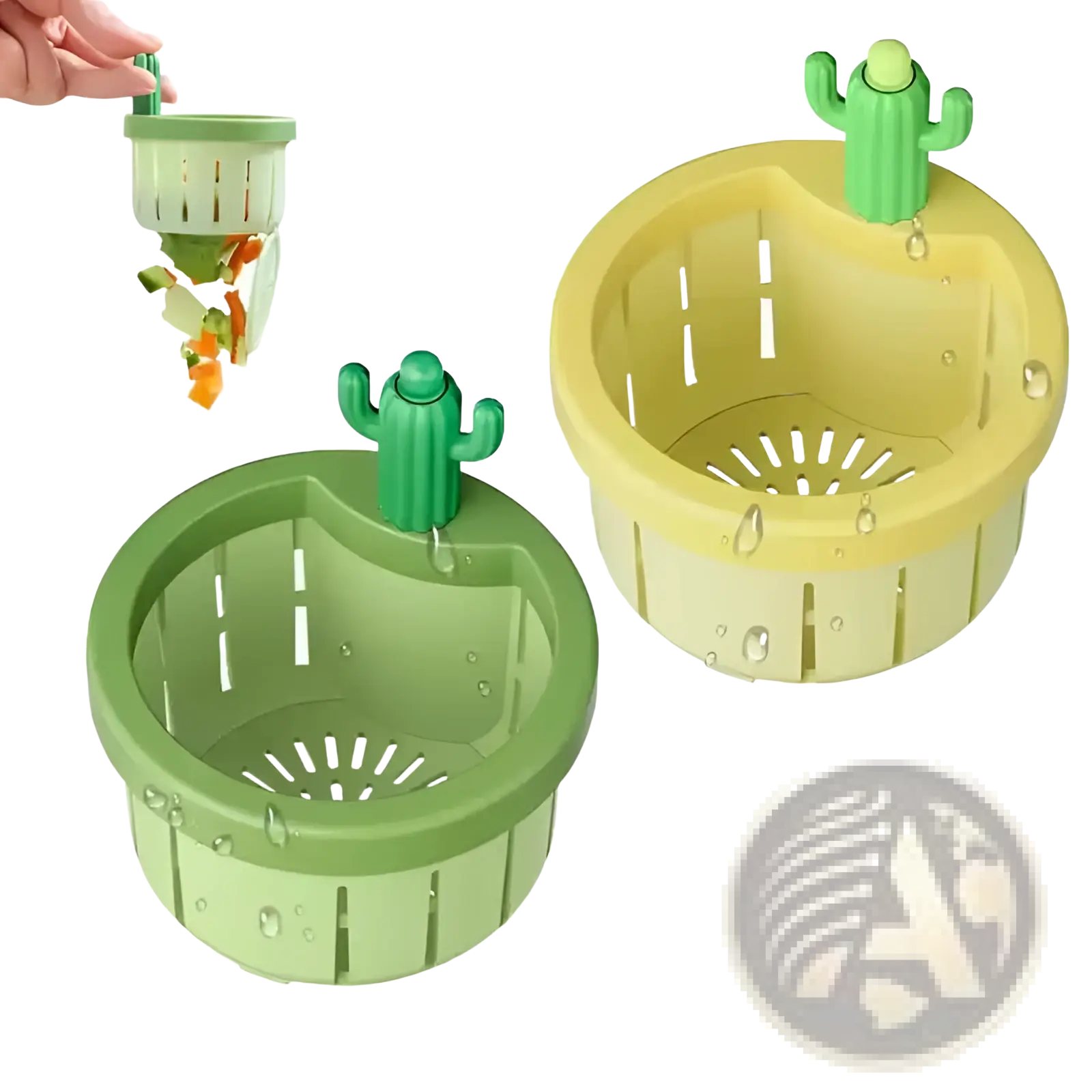 Green and yellow plastic cactus sink drain strainer basket filter net with perforated sides for vegetable straining