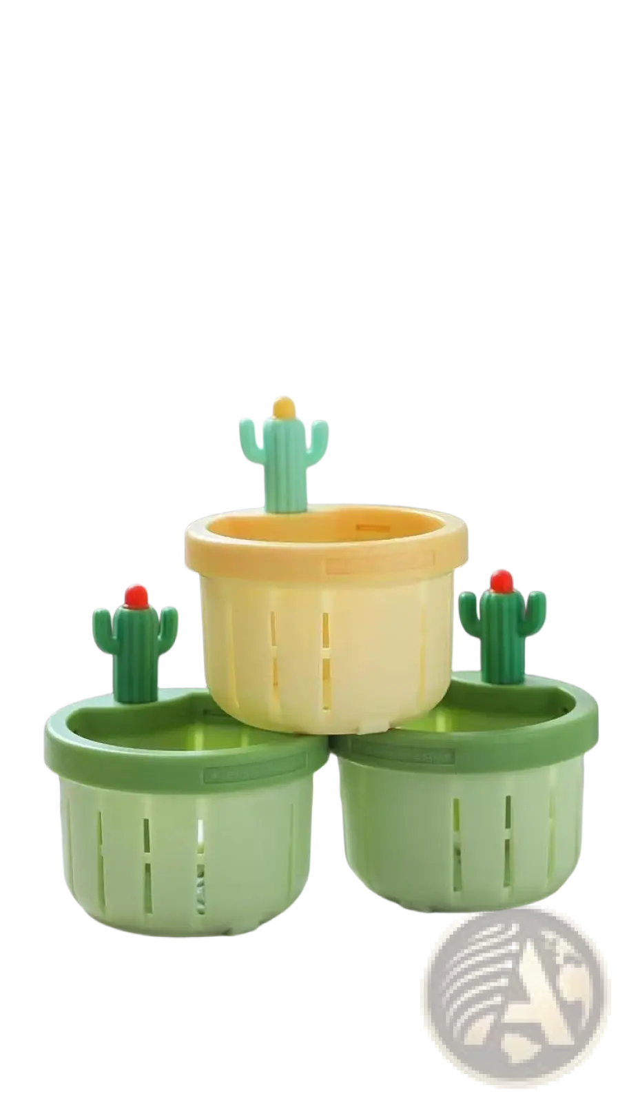 Set of three colorful plastic cactus sink drain strainer basket filters with perforated bases and red-topped green cacti