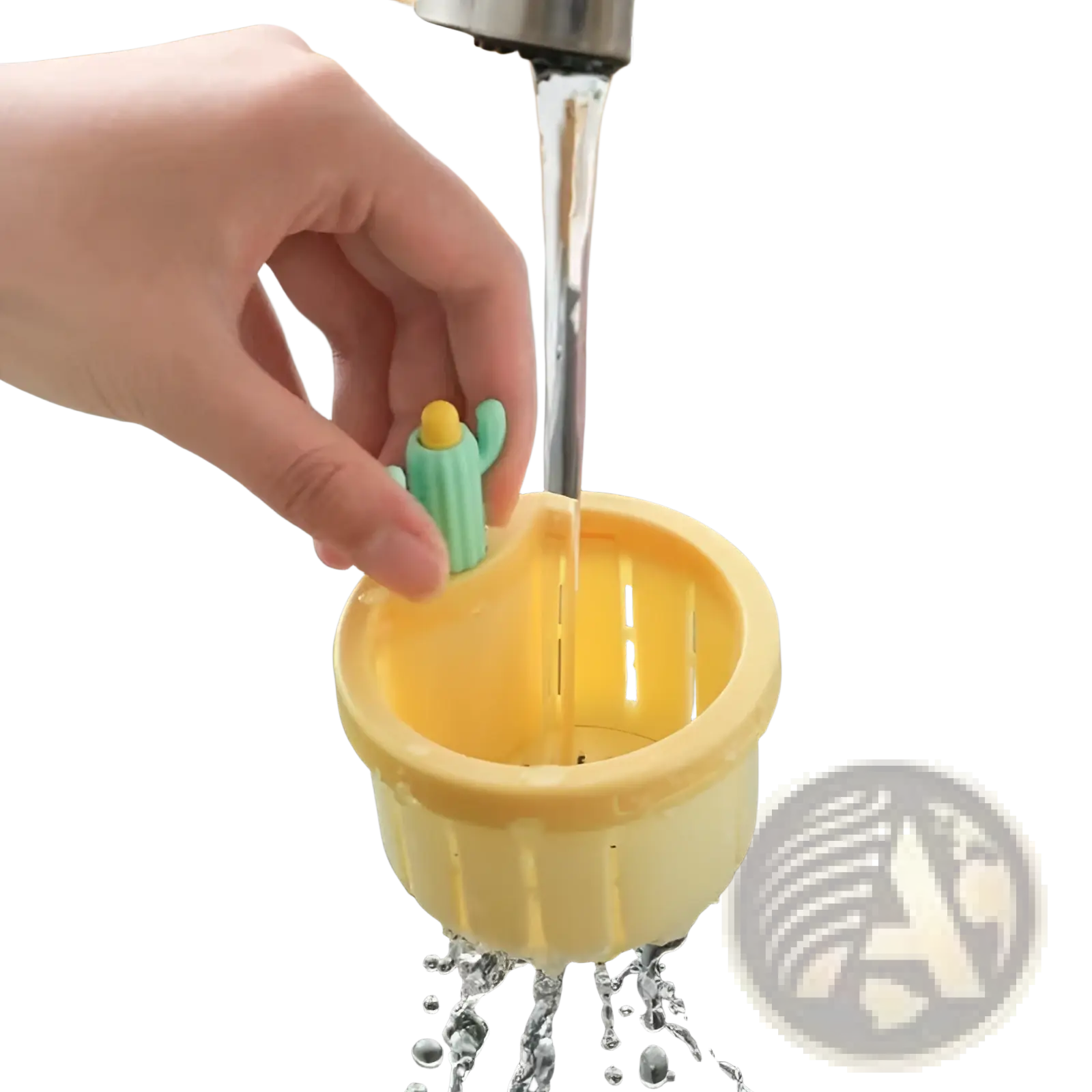 Yellow plastic cactus sink drain strainer basket filter net with green cactus-shaped handle and yellow cap