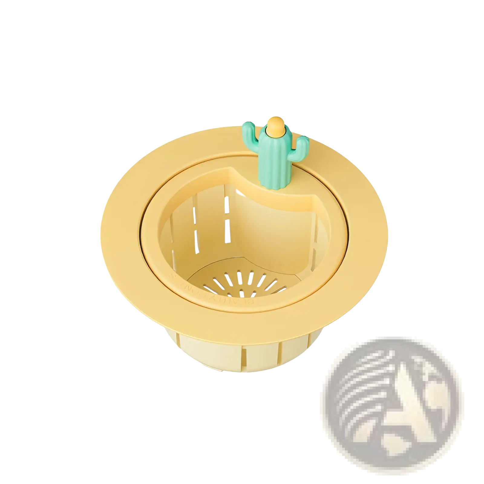 Yellow plastic sink strainer with a mint green cactus figurine on top for use as a drain basket filter net