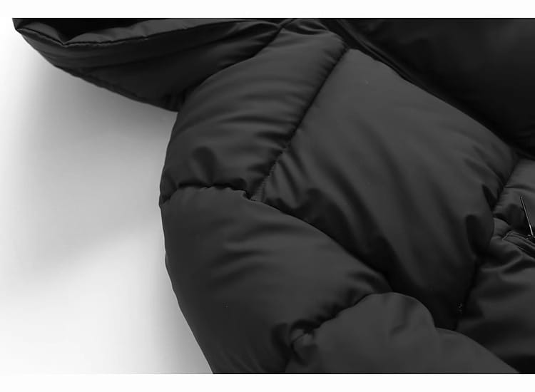 Black quilted hooded puffer cotton coat with plush insulated interior and stitched paneling.