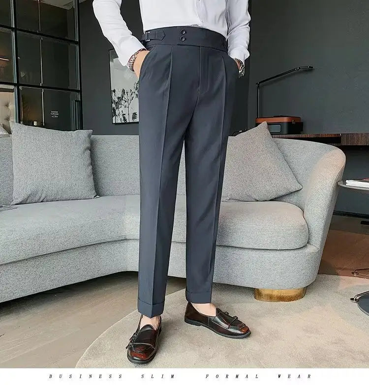 Dark navy slim fit formal Korean style men trousers with a structured waistband and subtle pleats.