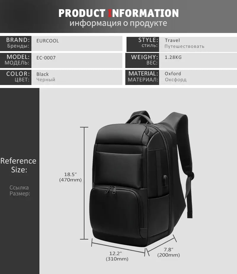 Black oxford fabric travel backpack model ec-0007 by eurcool multifunctional black nylon laptop backpack for business and travel showing the back side.