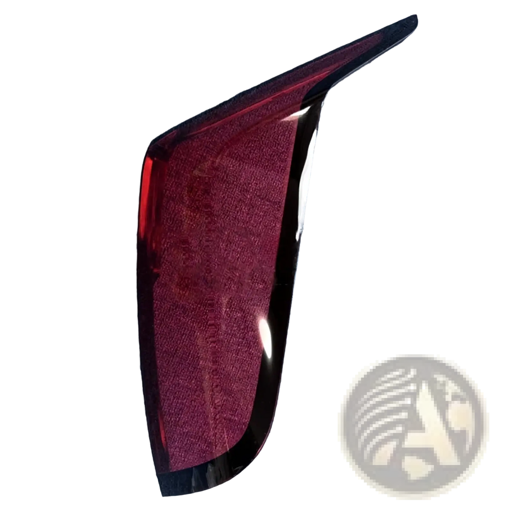Back side of a glossy deep red cadillac ct6 rear taillight cover 2019-2022 with sleek angular design and black trim