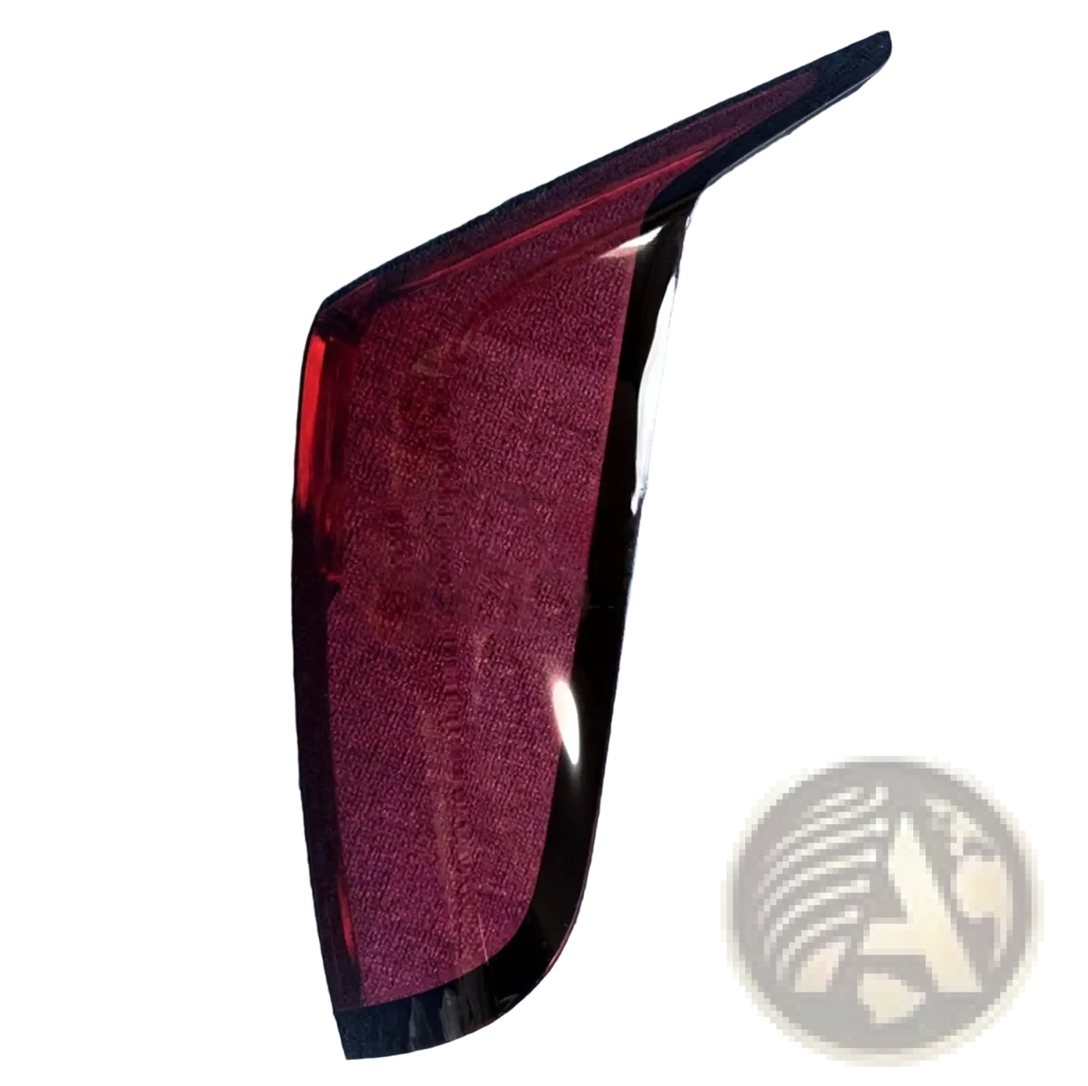 Back side of a glossy deep red cadillac ct6 rear taillight cover 2019-2022 with sleek angular design and black trim
