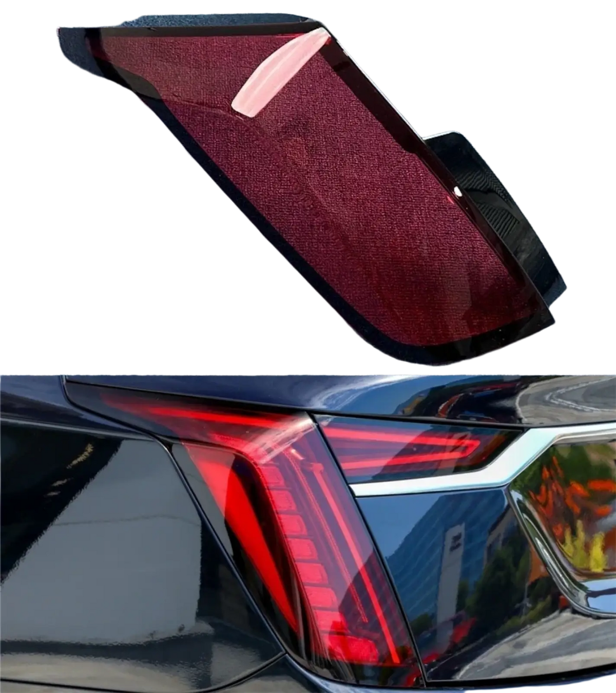 Glossy red and black rear taillight cover for Cadillac CT6 2019-2022 showing backside of assembly