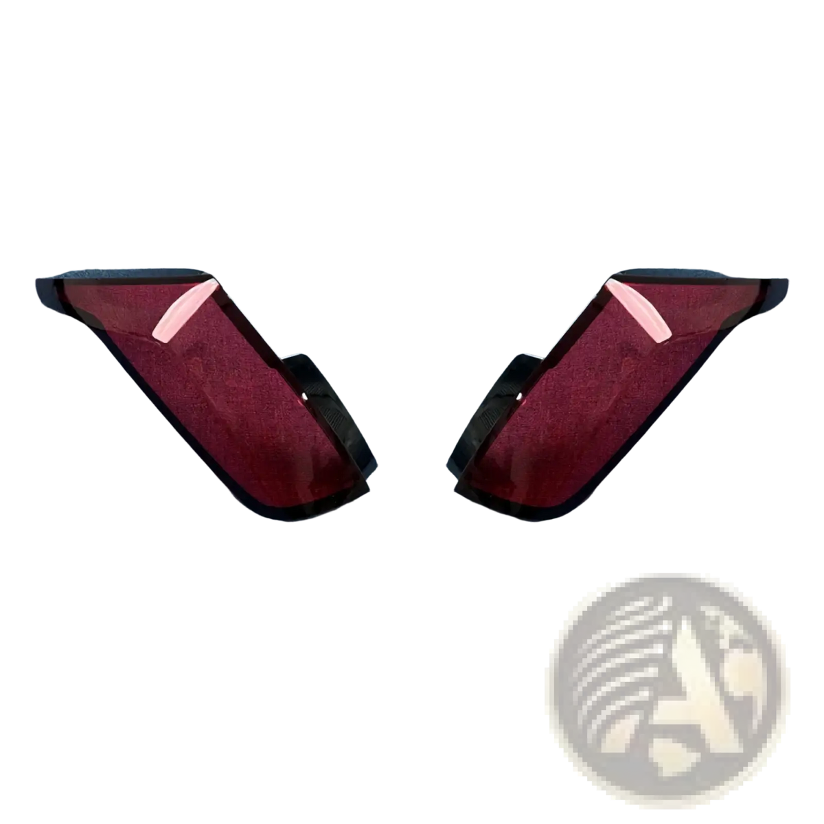 A pair of glossy red cadillac ct6 side mirror covers with black trim and pink accent stripe for 2019-2022 models