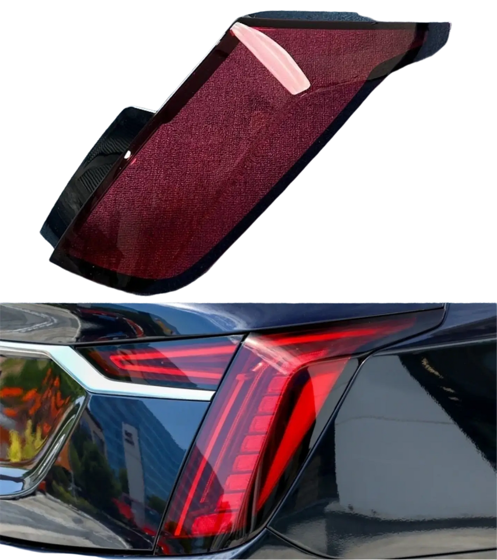 Red and black glossy plastic rear taillight cover for Cadillac Ct6 models 2019-2022 showing back side view