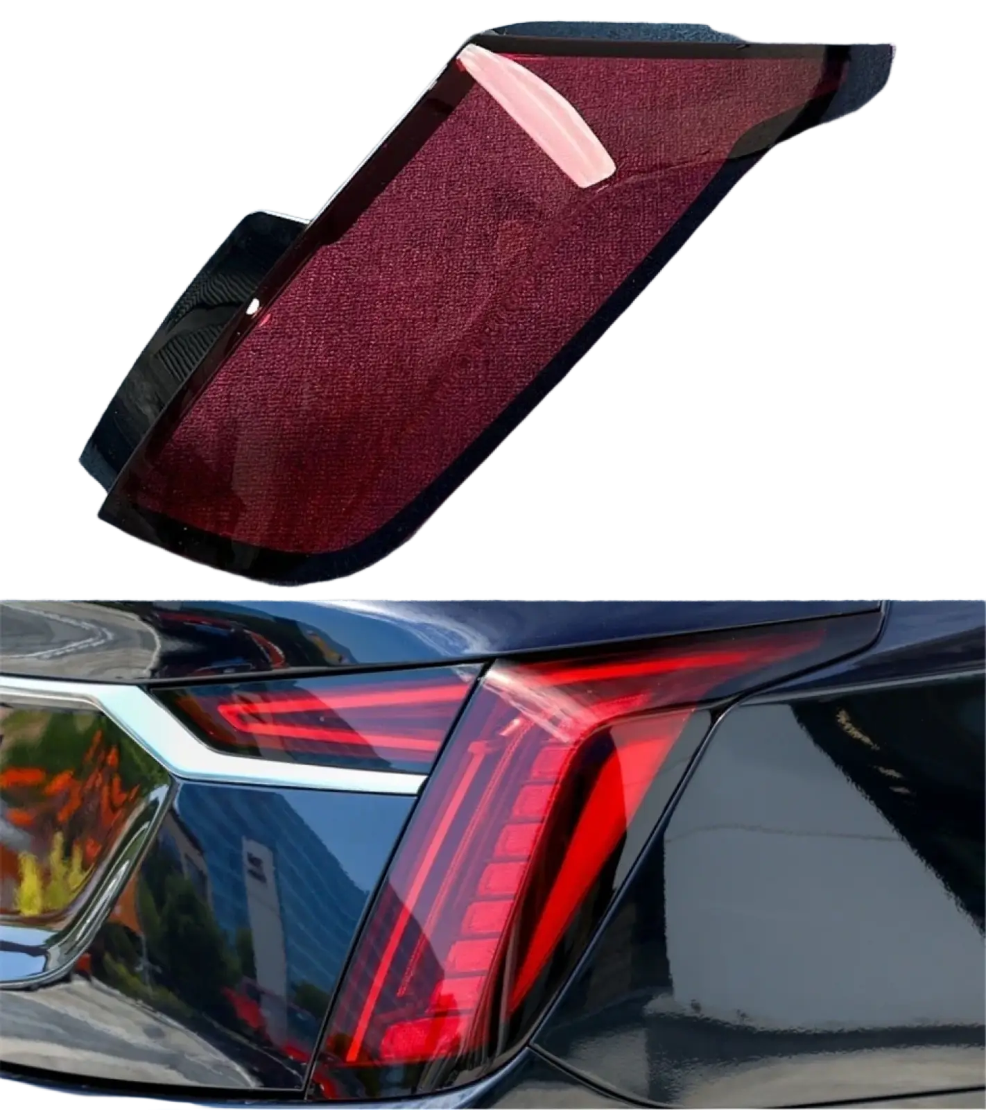 Red and black glossy plastic rear taillight cover for Cadillac Ct6 models 2019-2022 showing back side view