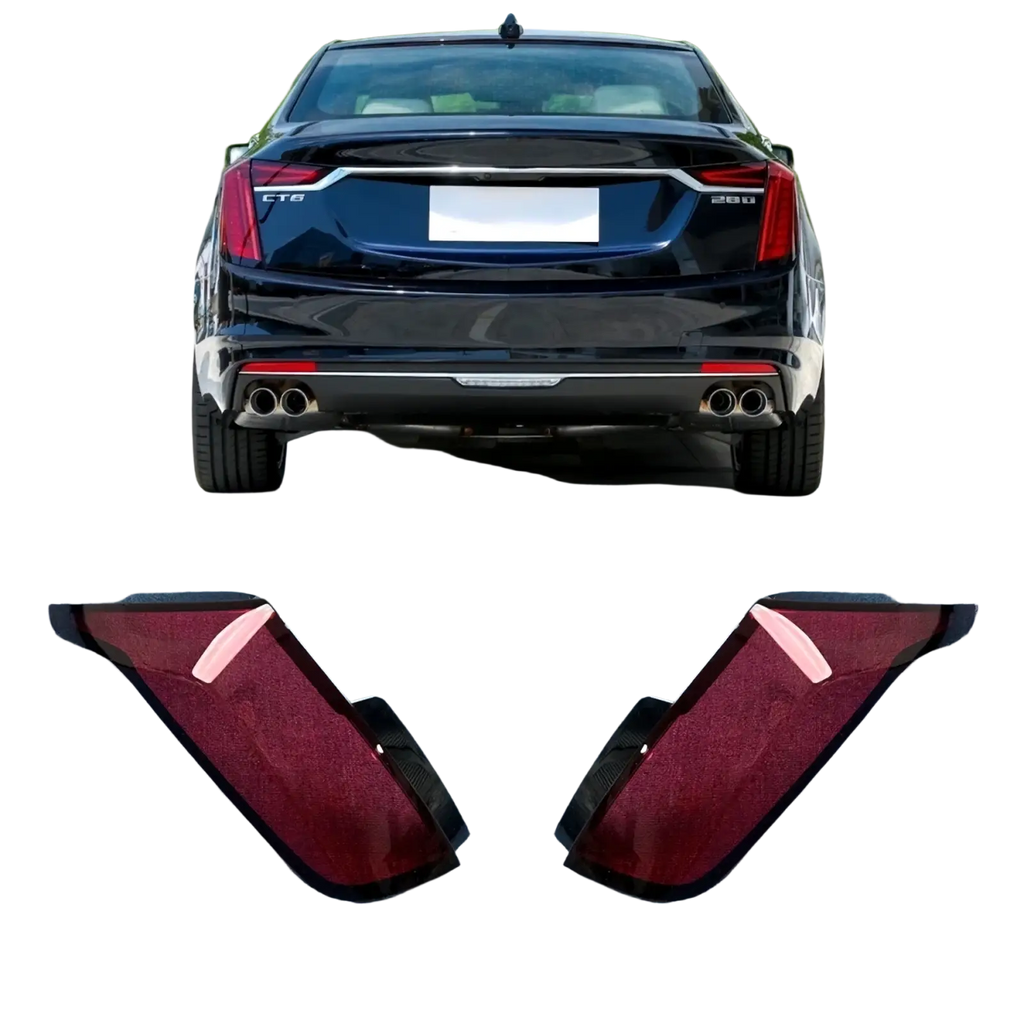 Pair of glossy red tail lamp covers for Cadillac Ct6 rear taillight 2019-2022 shown from the back side