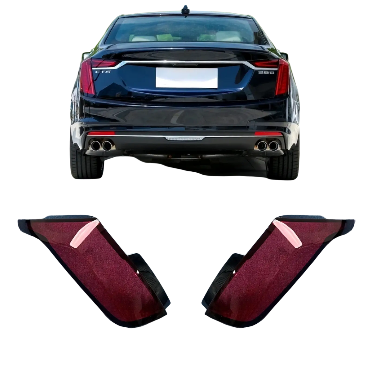 Pair of glossy red tail lamp covers for Cadillac Ct6 rear taillight 2019-2022 shown from the back side