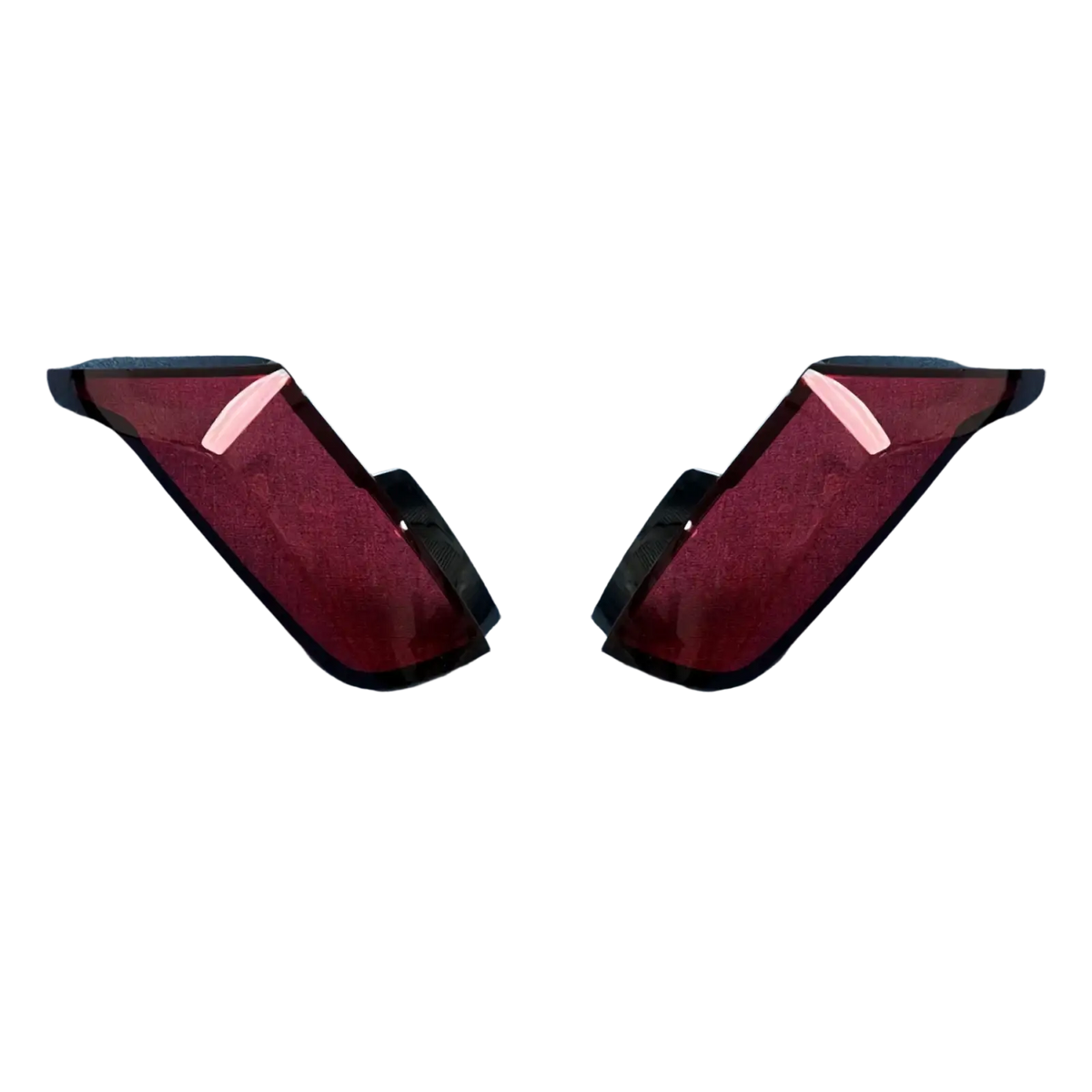 A pair of glossy red cadillac ct6 side mirror covers with black trim and pink accent stripe for 2019-2022 models