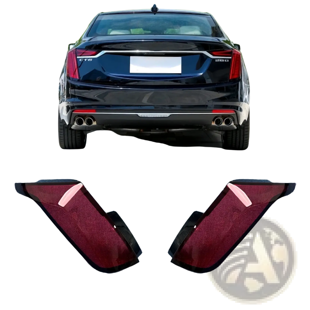 Pair of glossy red tail lamp covers for Cadillac Ct6 rear taillight 2019-2022 shown from the back side