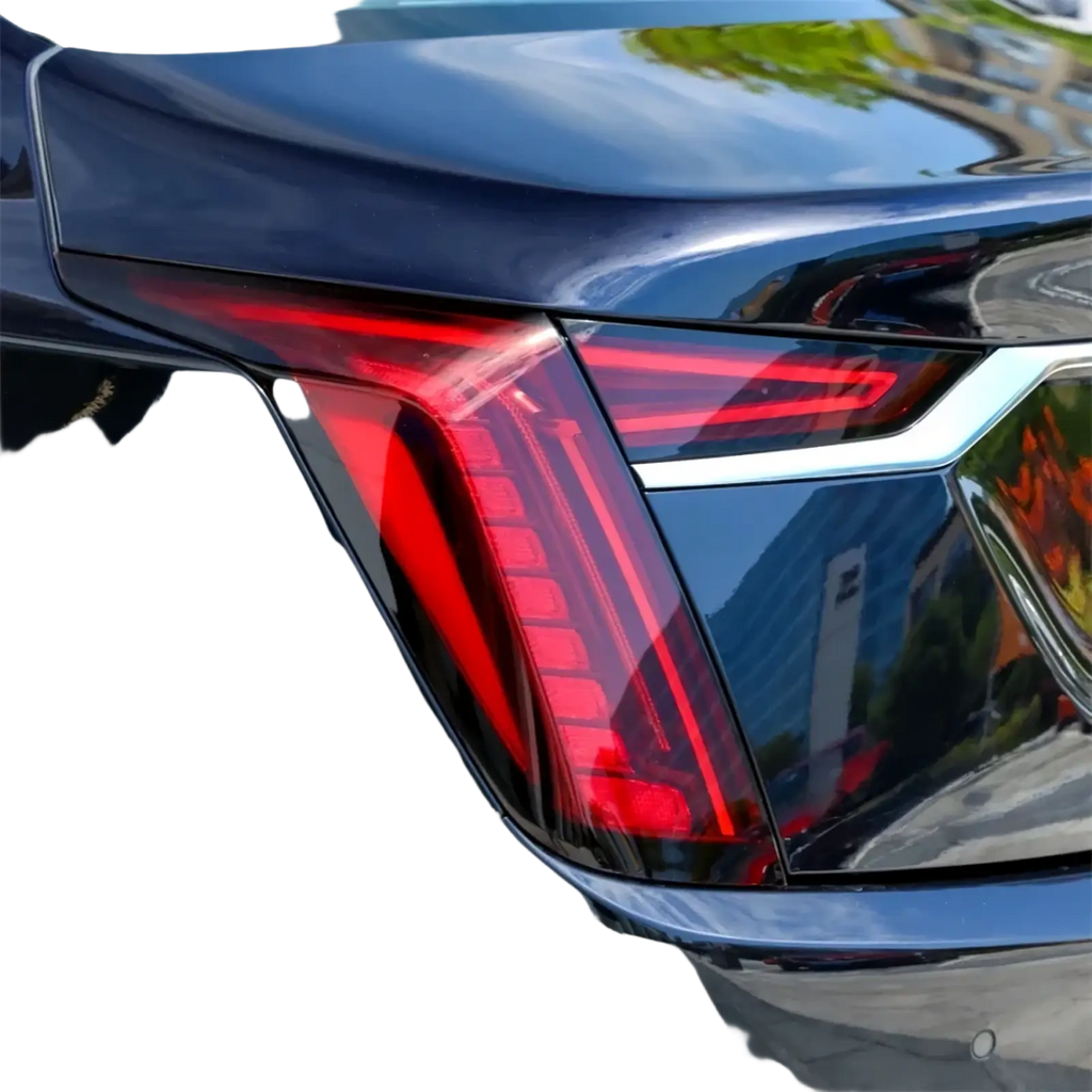 Cadillac CT6 rear taillight cover 2019-2022 with sleek glossy black tail light, modern red LED design, and chrome trim back side