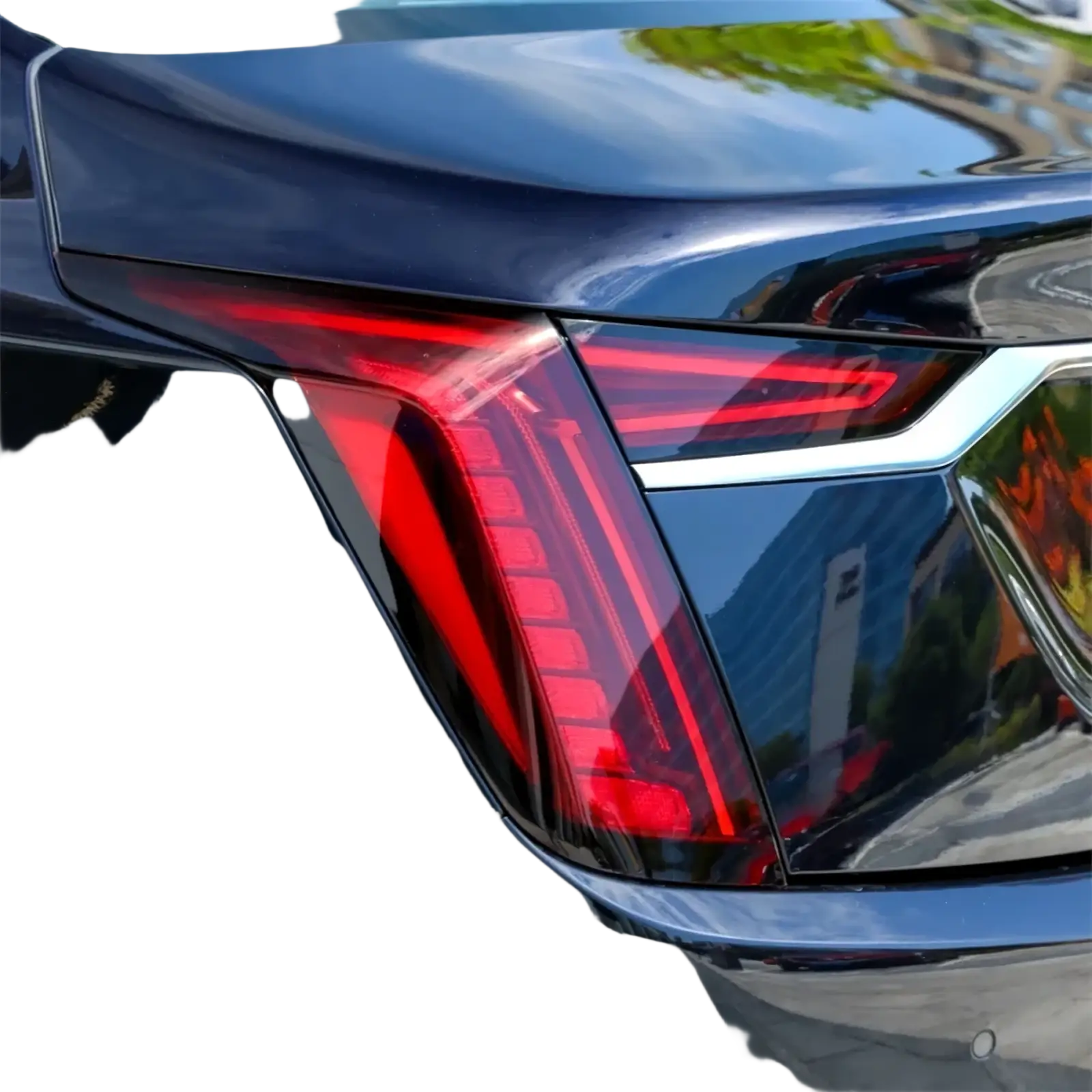 Cadillac CT6 rear taillight cover 2019-2022 with sleek glossy black tail light, modern red LED design, and chrome trim back side