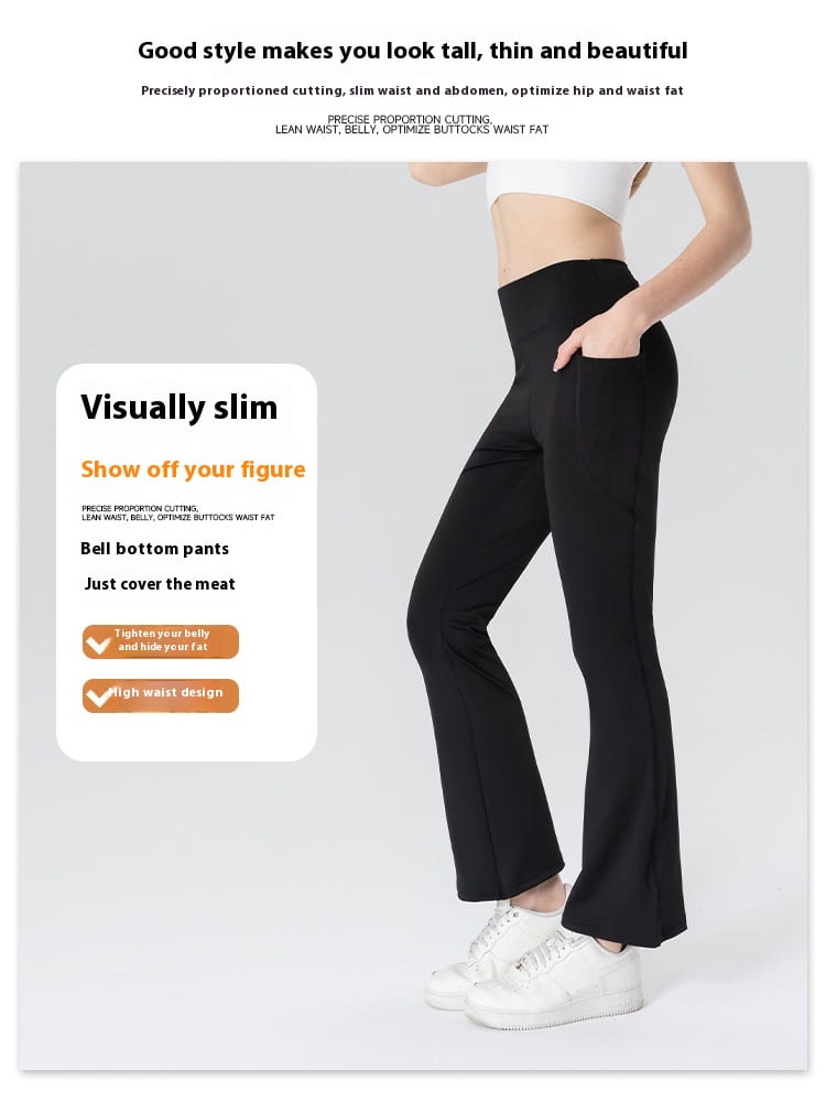Schwarze High-Waist ausgestellte Yoga-Hosen mit schlankem, körperbetontem Design und Bootcut-Stil.