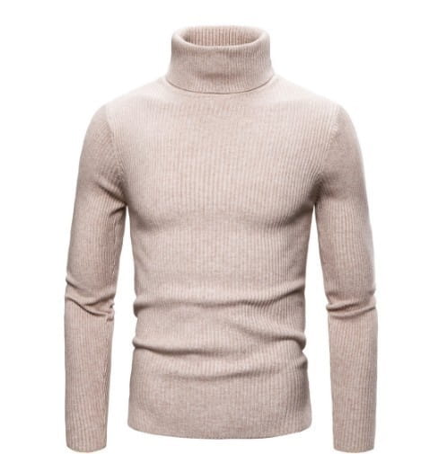 Herren-Turtleneck-Pullover Slim Fit aus beigem, geripptem Stoff mit langen Ärmeln und Slim-Fit-Design.