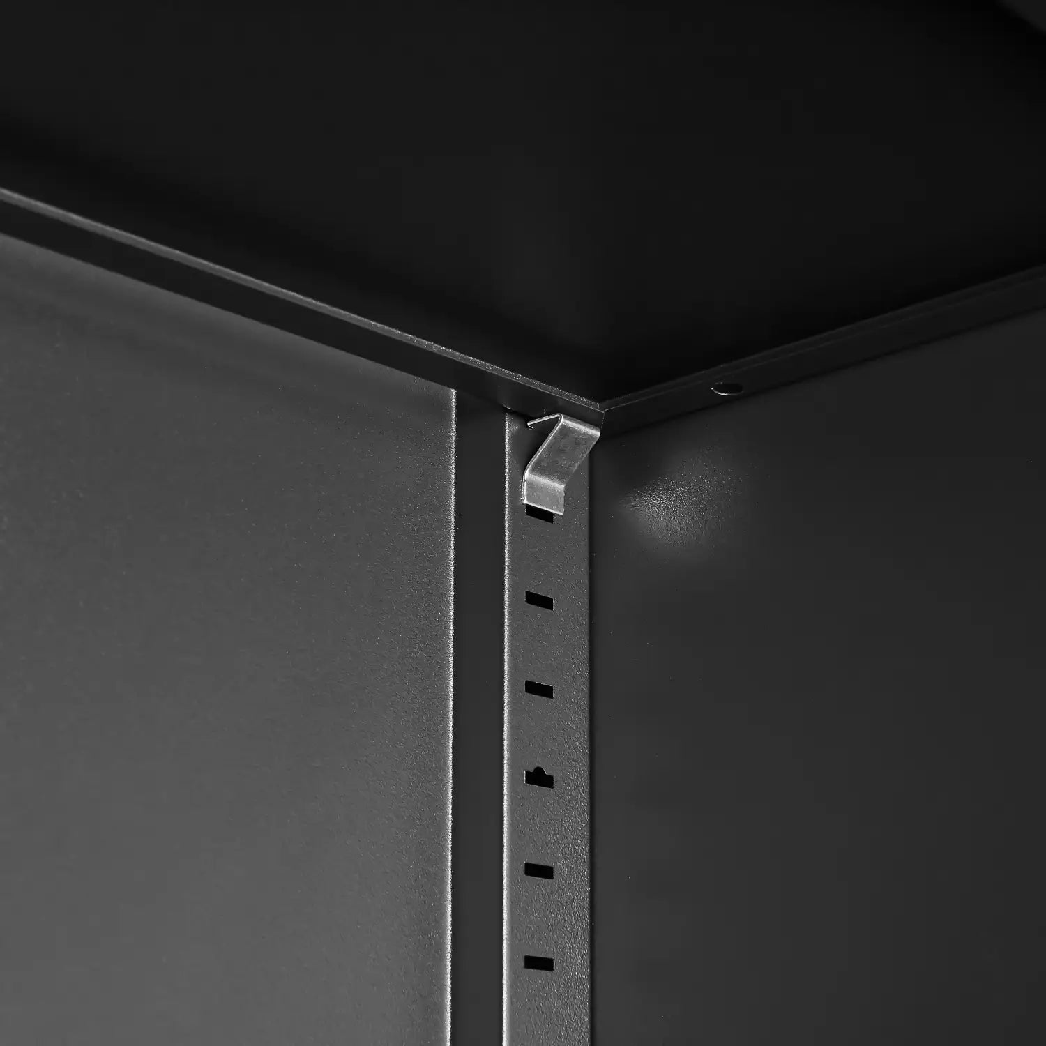black metal shelf bracket with evenly spaced holes designed for 70 inch steel locking file cabinet with 4 shelves.