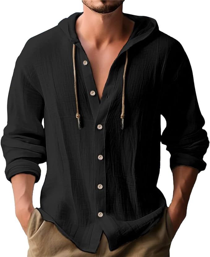 Camisa de cárdigan con capucha ligera para hombre en tejido negro texturizado, con cordones de color natural.
