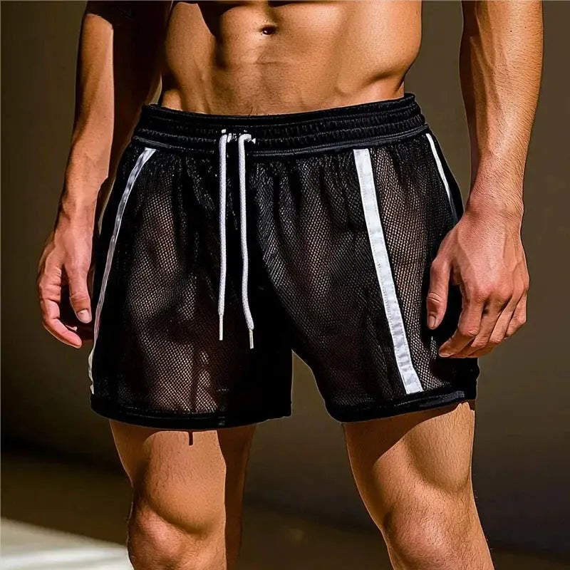 black mesh quick dry athletic shorts for men with white side stripes and matching drawstring waistband.