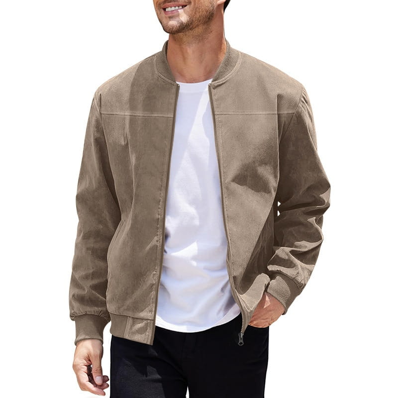 men suede casual retro jacket in tan suede with ribbed cuffs and collar for a stylish bomber jacket look
