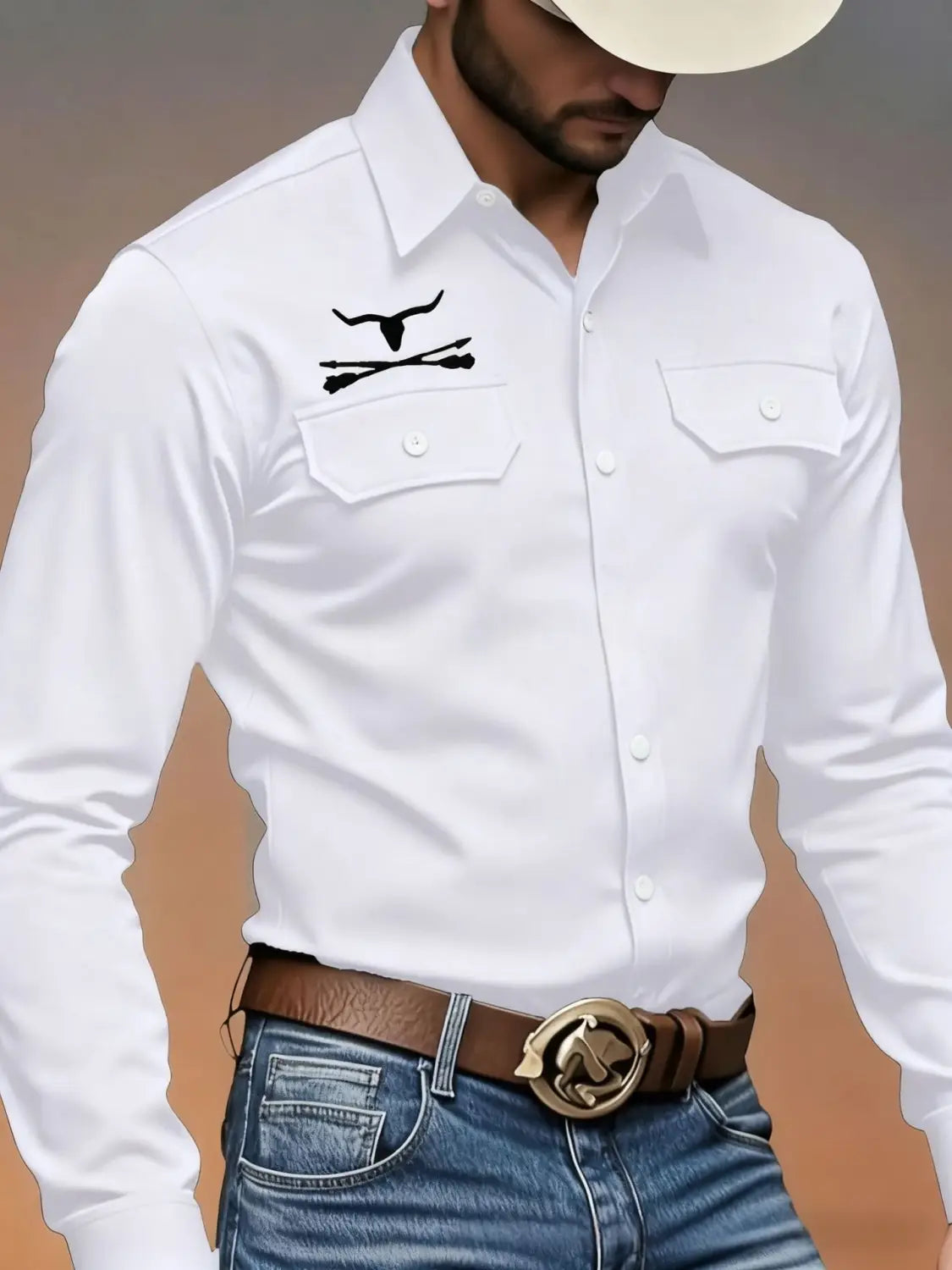 Chemise décontractée à manches longues et à poches pour homme, blanche, avec crâne de taureau brodé noir et fusils croisés sur la poche de poitrine gauche.