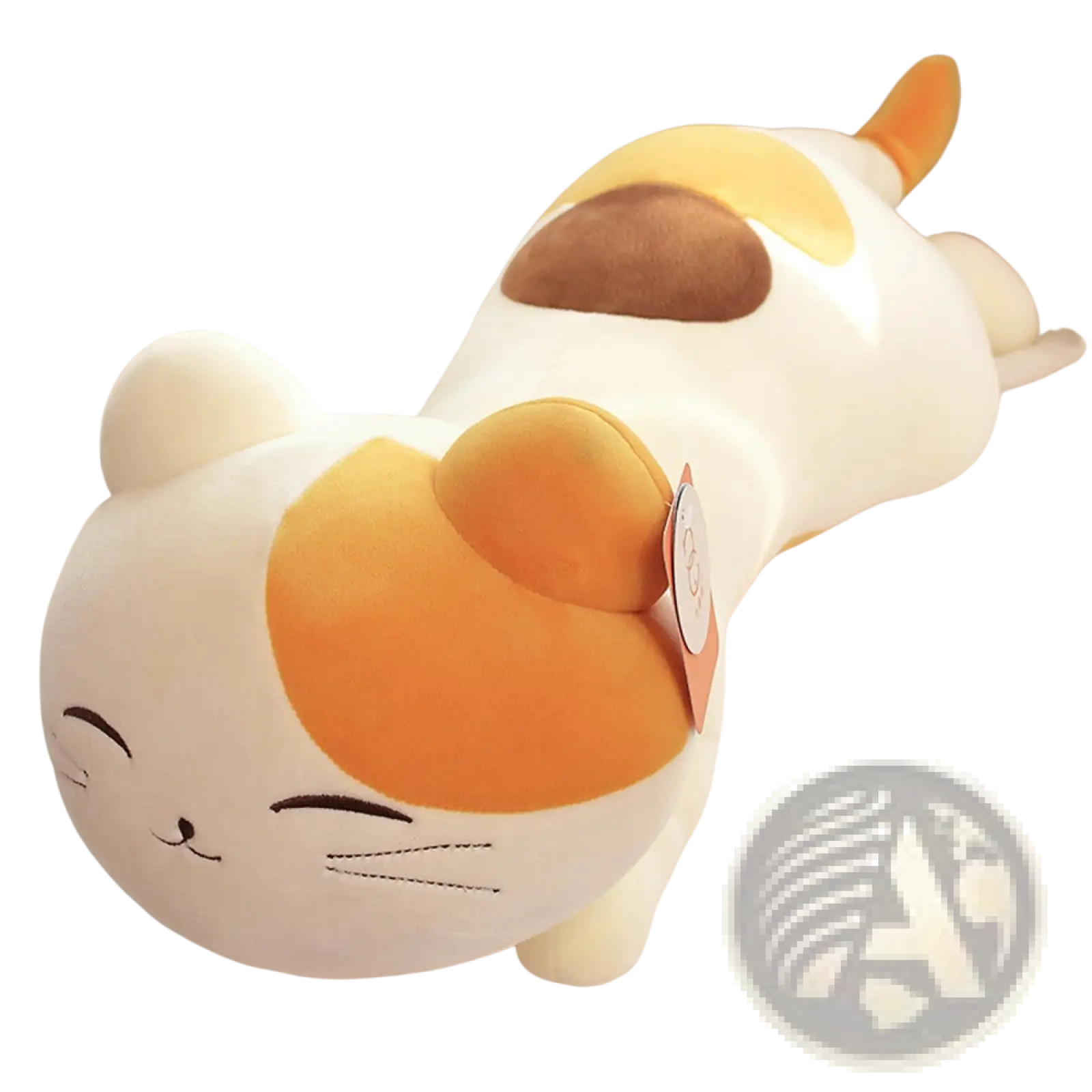 Calico cat plush toy large smiling stuffed animal with a white base and orange and brown patches in soft fabric