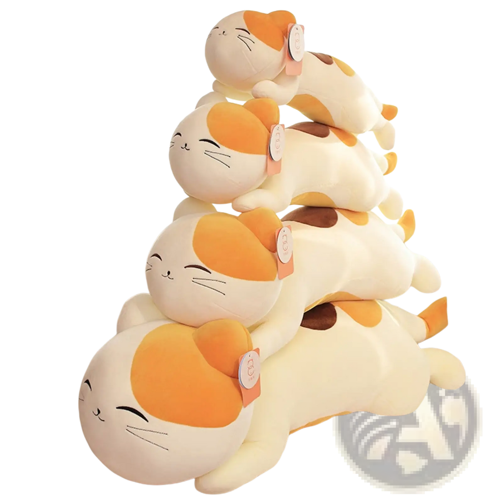 A stack of four large calico cat plush toys with white and orange fur, smiling faces, closed eyes, and embroidered whiskers