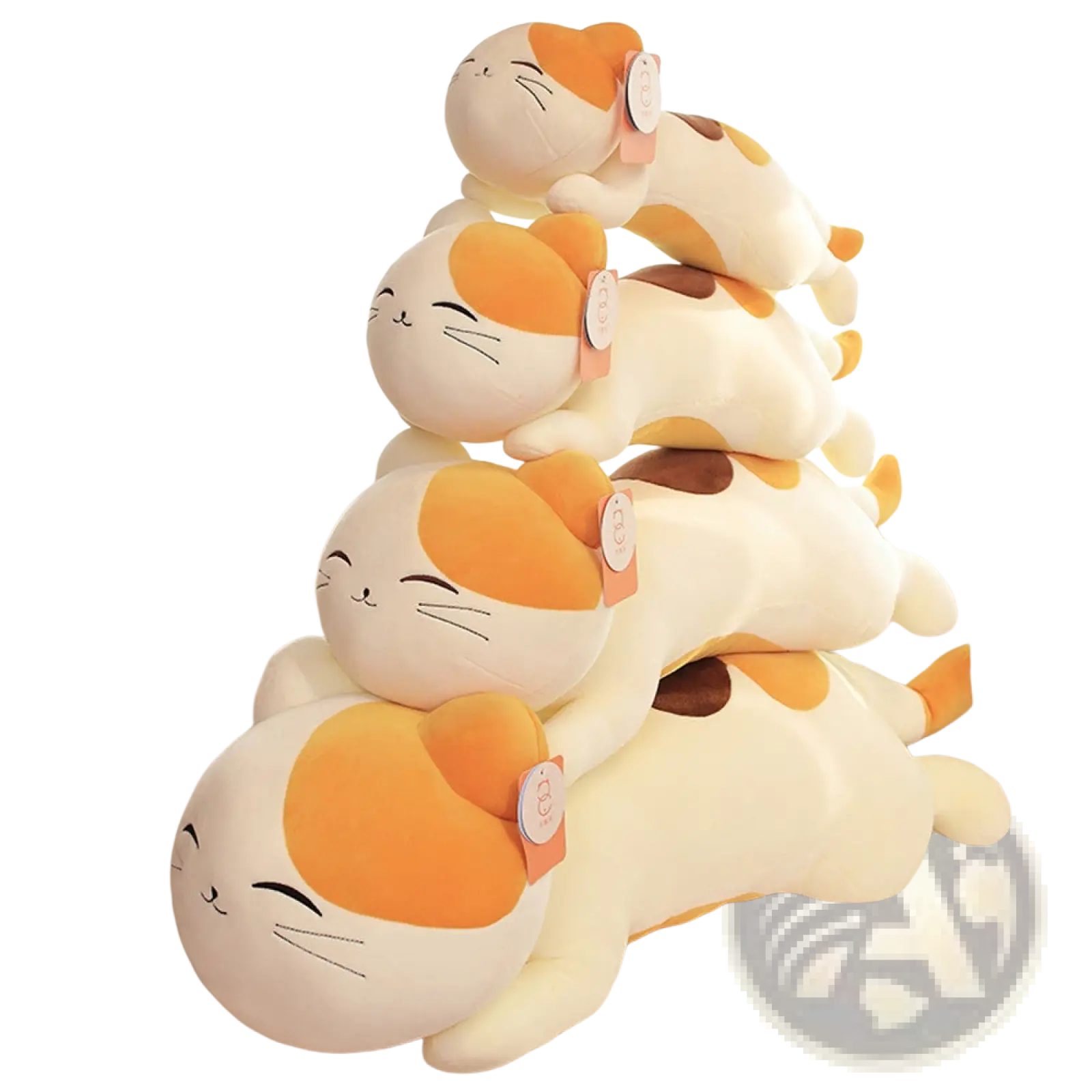 A stack of four large calico cat plush toys with white and orange fur, smiling faces, closed eyes, and embroidered whiskers