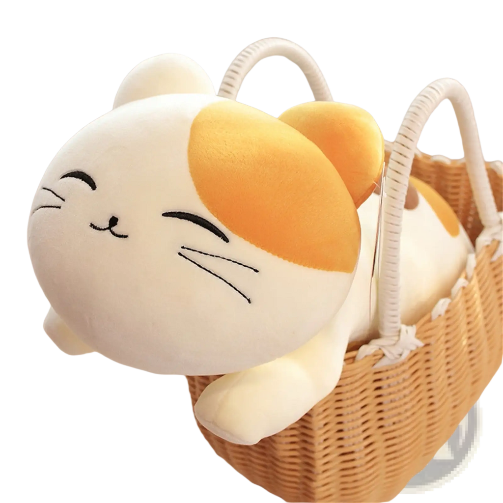 A large calico cat plush toy with smiling face, white and orange fur, embroidered black whiskers, and soft texture