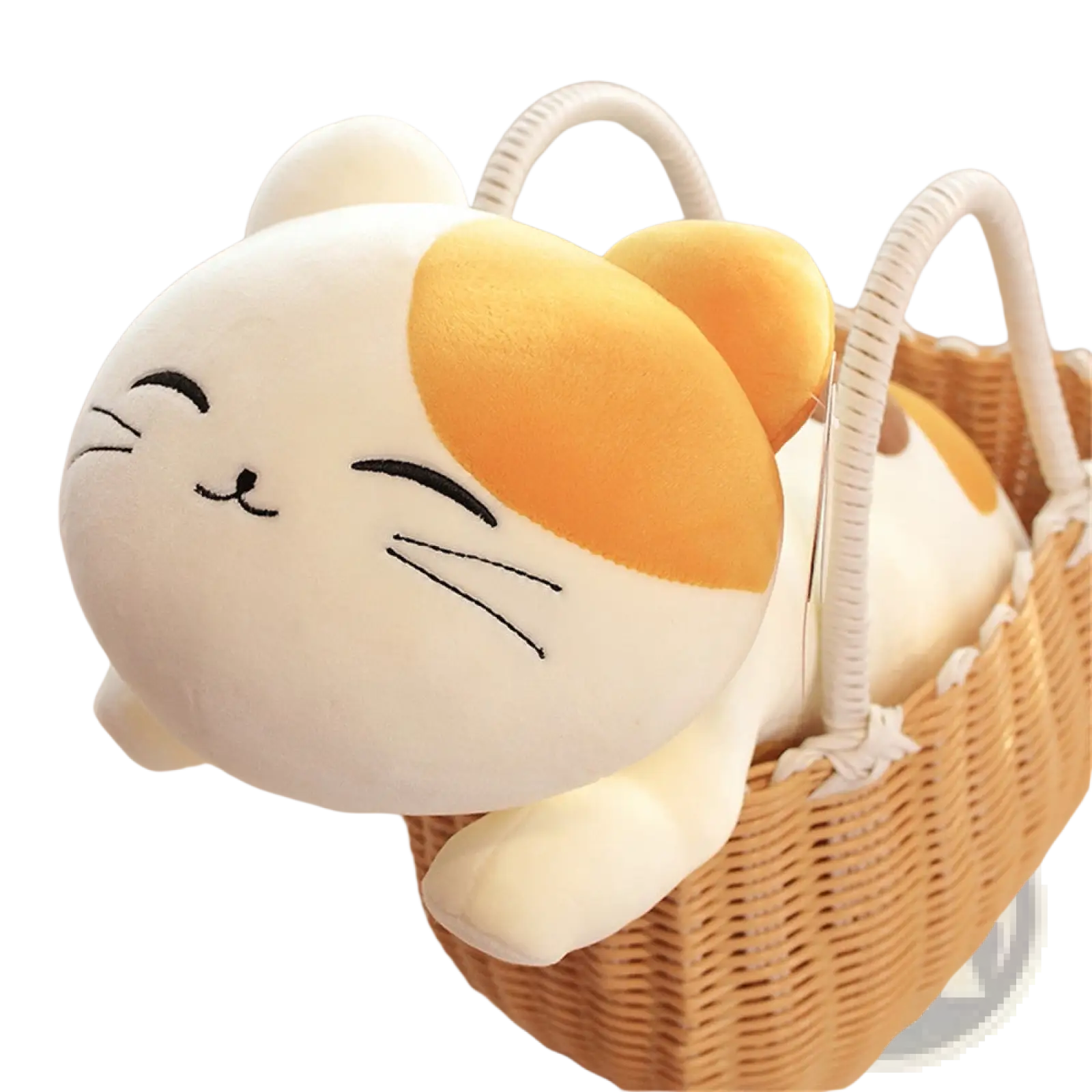 A large calico cat plush toy with smiling face, white and orange fur, embroidered black whiskers, and soft texture