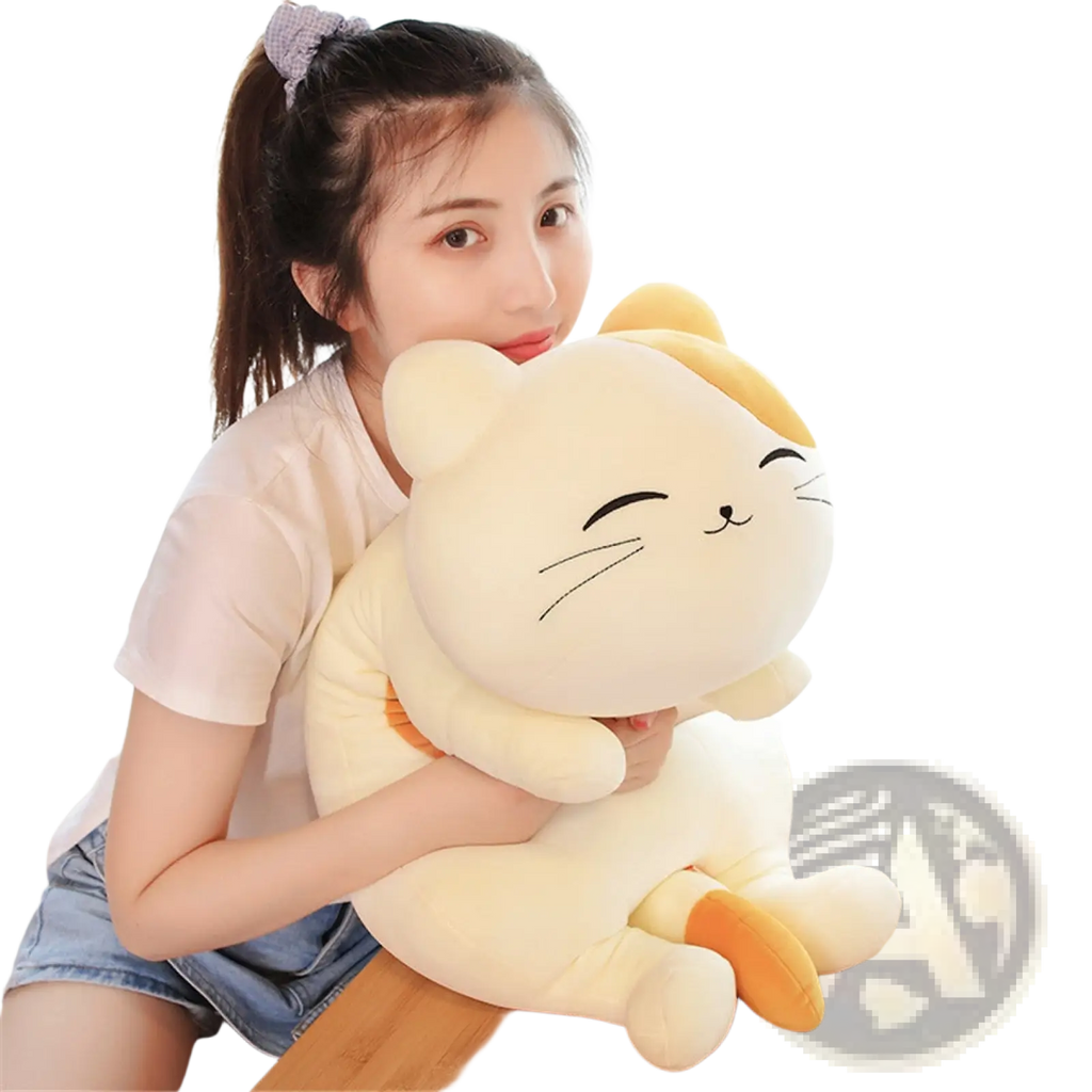 Calico cat plush toy large smiling stuffed animal soft cream-colored with yellow accents on ears and paws